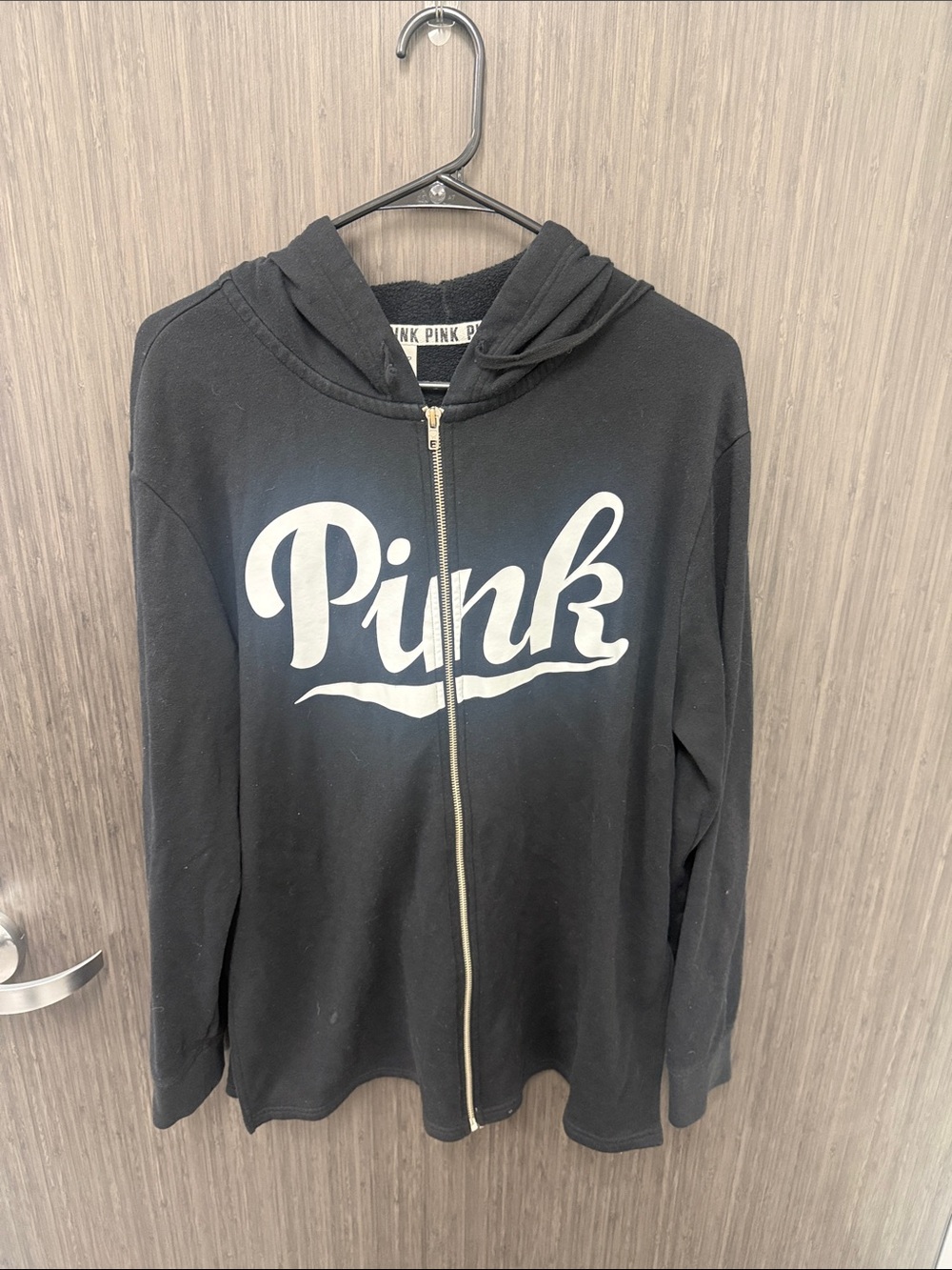 PINK Victoria's Secret Black Zip-Up Hoodie with White Logo